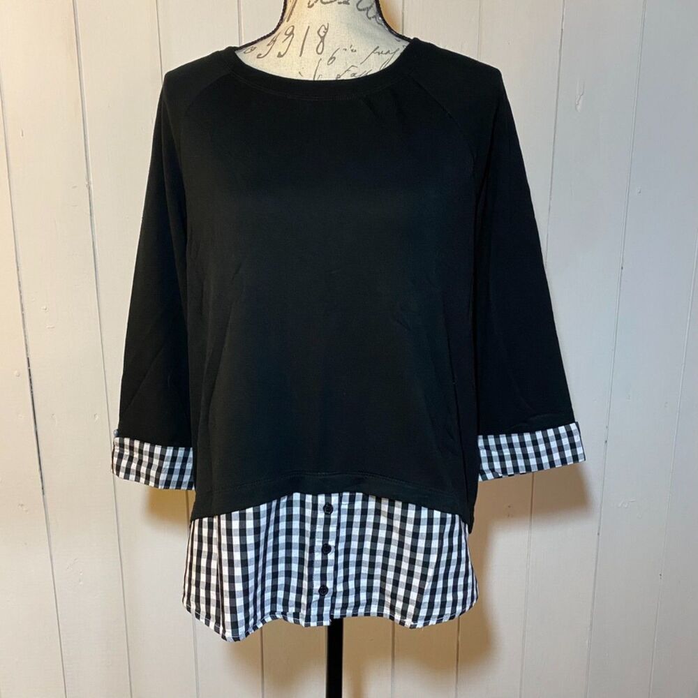 Apt. 9 Three-Quarter Sleeve Black Top with Gingham Detail (Size Large)